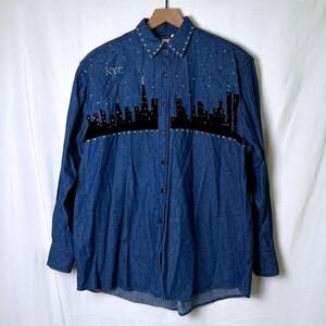 Whittall & Shon Womens Embellished NYC Skyline Denim Button Down Shirt XL Blue